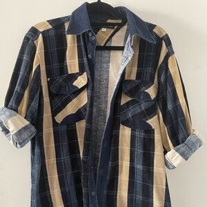 Men's Navy and Beige Plaid Shirt